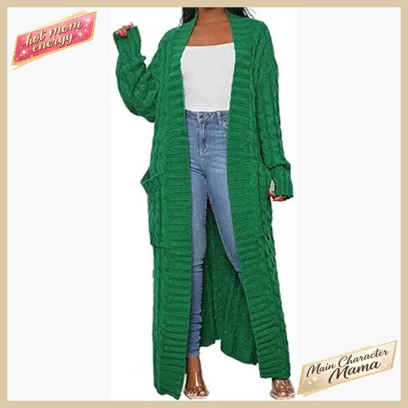 Chunky Cable Knit Cardigan Oversized Maxi Length with Pockets Soft Loose Fit